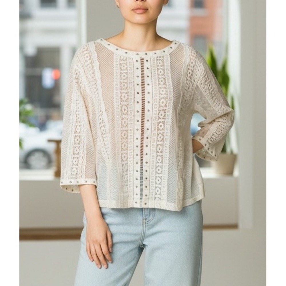 NWT  Anthropologie TRACY REESE Ivory  Blouse Long sleeve lace studded  size M